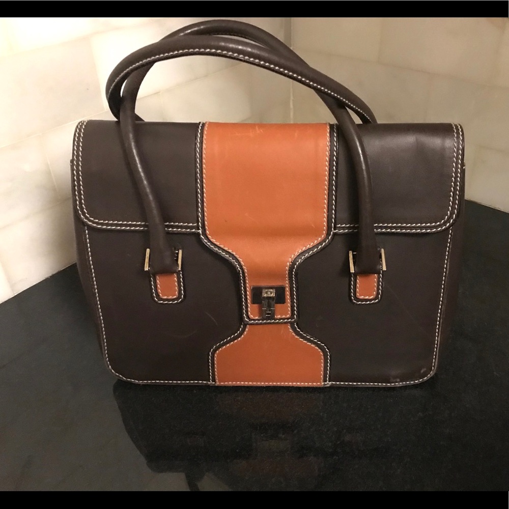 LAMBERTSON TRUEX Brn/Saddle 2 Handle Lthr Handbag
